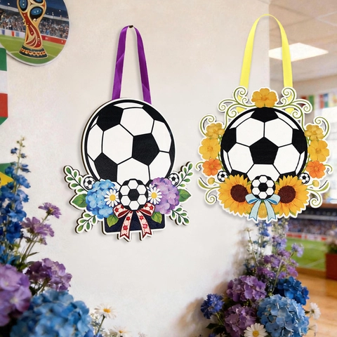 Targa Appesa in Legno a Forma di Calcio e Fiori Decorazione Festa Mondiale Motivo Girasole Ortensia Decorazione Parete Casa