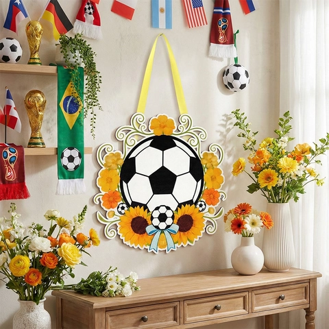 Letrero de Madera para Puerta con Tema de Fútbol y Flores Placa Colgante Decorativa Deportiva para Fans Ornamento para Hogar y Fiesta con Cinta