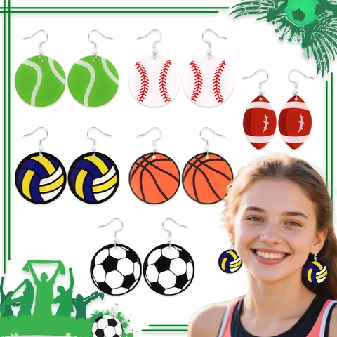Boucles d'Oreilles Pendantes Sport en Acrylique Femme Foot Basket Tennis Baseball Volley Football Bijoux Cadeau