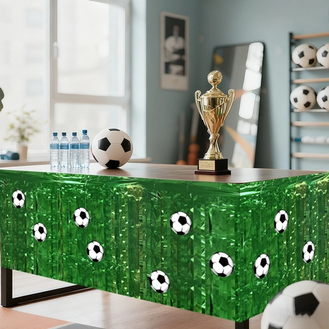 Fußball Thema Party Dekoration Set Grün Tinsel Folie Tischrock Fußball Aufkleber Regen Vorhänge Für Geburtstag Sport Feier Zubehör