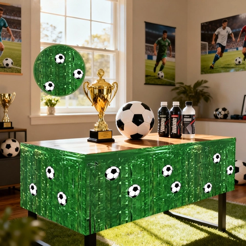 Soccer Theme Party Decoration Green Tinsel Foil Table Skirt With Soccer Stickers Metallic Fringe For Birthday Sports Event Celebration