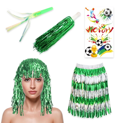 Grün Metallic Folie Fußball Fan Cheerleader Kostüm Zubehör Perücke Pom Poms Fransenrock Pfeife Tattoo Aufkleber Party Requisite