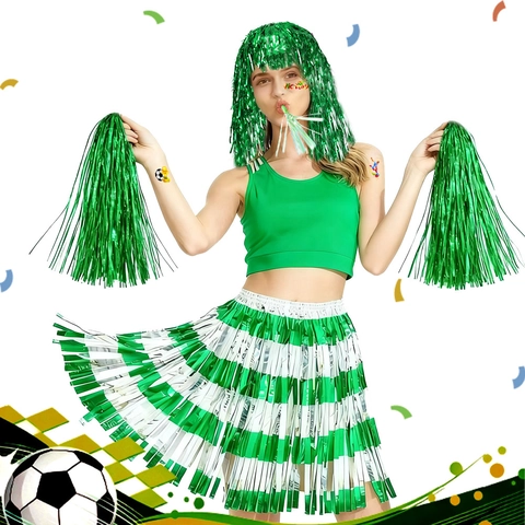 Set Cheerleader Con Parrucca Metallizzata Verde Gonna A Frange Pon Pon Fischietto E Adesivi Tatuaggio Per Partita Di Calcio Festa Sportiva