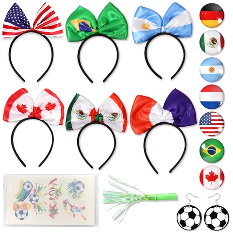 Global Soccer Tournament Fan Cheering Accessories Set National Flag Bow Headband Whistle Tattoo Stickers Brooch Earrings Party Favors