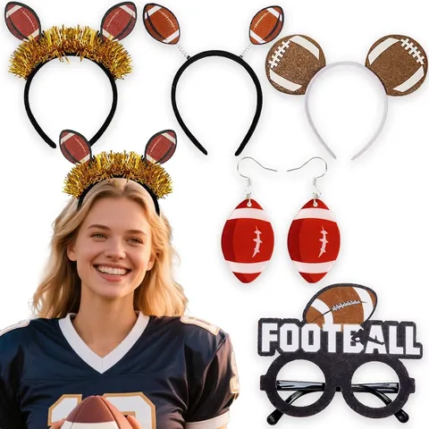 American Football Theme Party Accessories Headband Glasses Earrings Plastic Acrylic Rugby Sports Fan Game Day Gear Decorative
