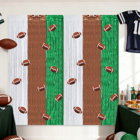 Rideau à Franges en Lametta Thème Football Américain Fond de Fête Vert Blanc Marron Style Sportif Décorations
