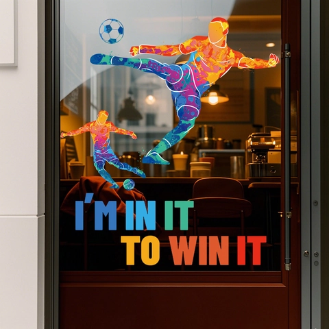 Soccer Player Window Stickers PVC Static Cling Splatter Art Colorful Athlete Silhouettes Inspirational Quote Glass Decor