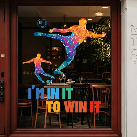 Soccer Player Window Stickers PVC Static Cling Splatter Art Colorful Athlete Silhouettes Inspirational Quote Glass Decor