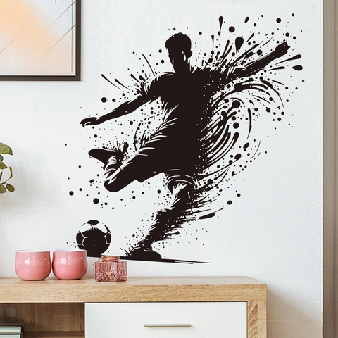 Sticker Mural Joueur De Football Imperméable PVC Silhouette Éclaboussure D'encre Décalcomanie Sportive Décoration Maison Bureau Adhésif
