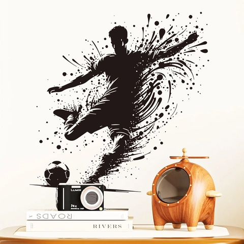 Sticker Mural Joueur De Football Imperméable PVC Silhouette Éclaboussure D'encre Décalcomanie Sportive Décoration Maison Bureau Adhésif