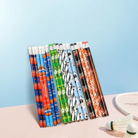 Sports HB Wooden Pencils With Eraser Basketball Football Baseball Rugby Print Students Writing School Office Stationery