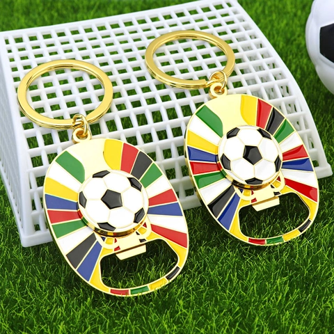 Soccer Keychain With Bottle Opener Zinc Alloy Rotating Football Sports Fans Souvenir Colorful Enamel Gold Finish