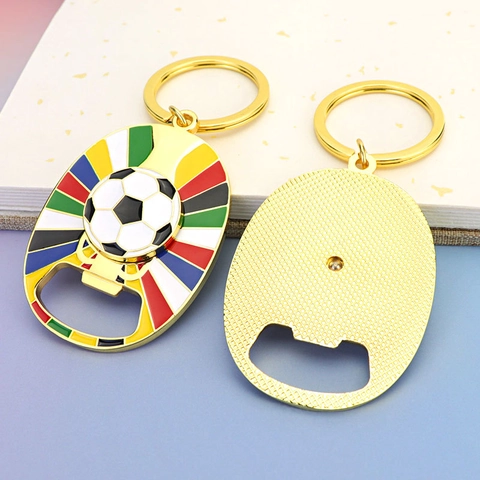 Soccer Keychain With Bottle Opener Zinc Alloy Rotating Football Sports Fans Souvenir Colorful Enamel Gold Finish