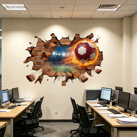 Adesivo Murale Calcio In Fiamme 3D PVC Effetto Parete Mattoni Rotti Decorazione Tema Sportivo Rimovibile Per Soggiorno Bar Ufficio
