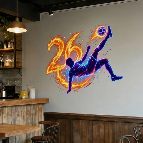 Football Soccer Wall Sticker PVC Silhouette Bicycle Kick Flame Design Neon Style Sports Fan Decor For Bedroom Game Room
