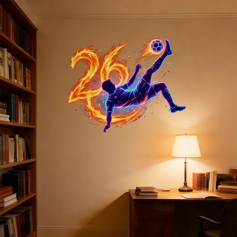 Football Soccer Wall Sticker PVC Silhouette Bicycle Kick Flame Design Neon Style Sports Fan Decor For Bedroom Game Room