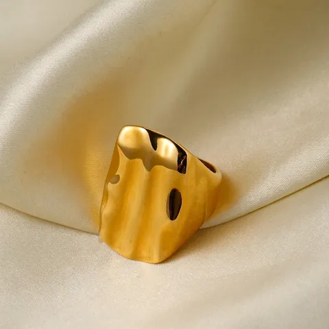 Ins Style 18K Gold Plated Stainless Steel Rectangular Bumpy Texture Wide Band Ring For Women Personality Fashion Jewelry