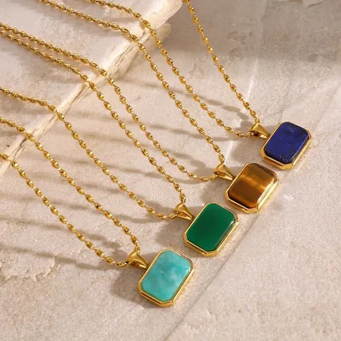 Edelstahl Halskette Mit Rechteckigem Naturstein Anhänger Geometrische Goldene Perlenkette Für Damen Wasserdicht Schmuck