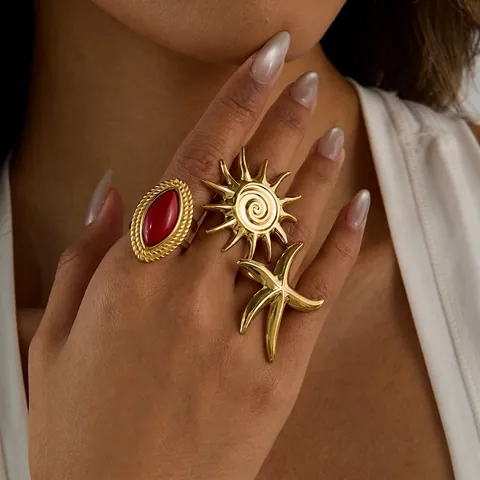 Seestern Sonne Und Roter Achat Ringe Edelstahl Vintage Gold Böhmischer Strand Schmuck Für Frauen