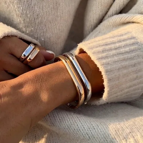 Bracciale Rigido Quadrato In Acciaio Inossidabile Minimalista Impermeabile Ipoallergenico Lucidato Metallo Geometrico Per Donna Stile Vintage Elegante