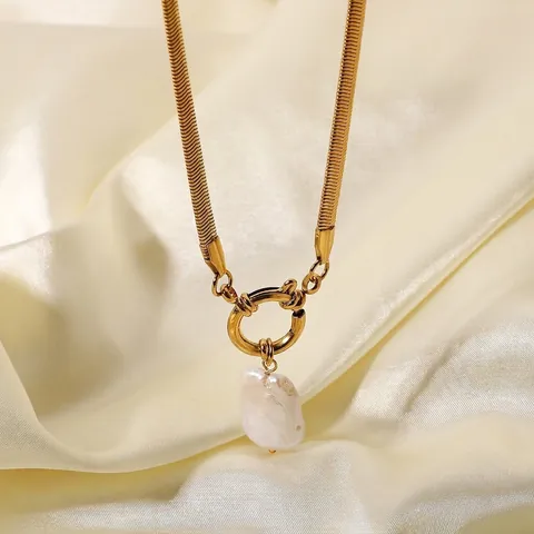 Collier en Acier Inoxydable Plaqué Or 18K pour Femme Français Vintage Baroque Pendentif Perle d'Eau Douce Bijoux