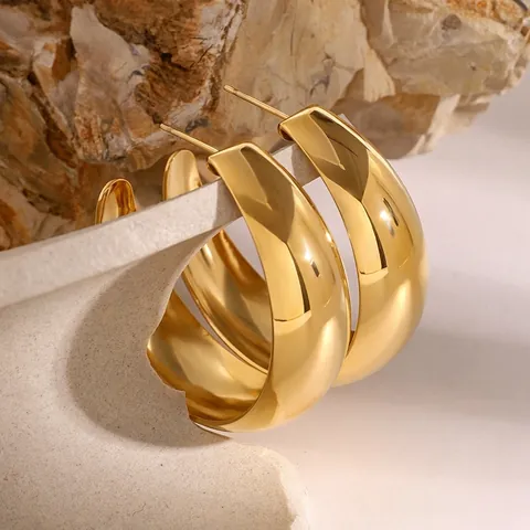 Chunky C Shape Hoop Earrings Stainless Steel Gold Plated Waterproof Hypoallergenic Minimalist Geometric Jewelry Women