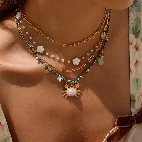 Layered Necklace Stainless Steel Artificial Pearl Shell Crab Starfish Pendant Ocean Beach Summer Bohemian Jewelry For Women
