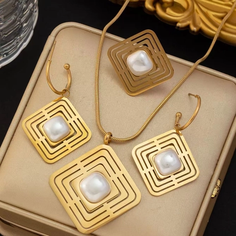 Geometric Square Hollow Necklace And Earrings And Ring Titanium Steel Gold Plated Imitation Artificial Pearl Retro Fashion Jewelry