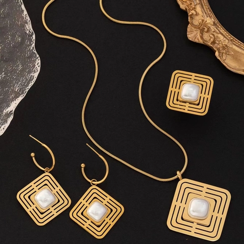 Geometric Square Hollow Necklace And Earrings And Ring Titanium Steel Gold Plated Imitation Artificial Pearl Retro Fashion Jewelry