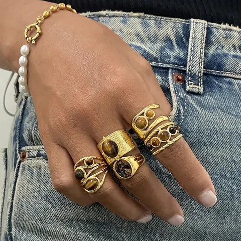 Vintage Tiger Eye Stone Stainless Steel Adjustable Ring Bohemian Gold Plated Natural Stone Waterproof Hypoallergenic Jewelry