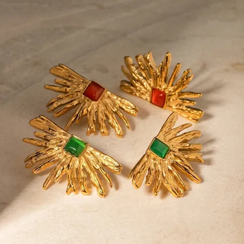 Sun Radiated Stud Earrings Irregular Stainless Steel 18K Gold Plated Vintage Square Red Green Cat Eye Stone Jewelry Women