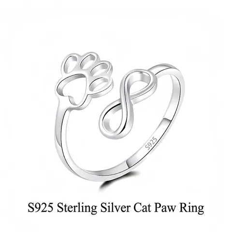 S925 Sterling Silver Infinity Cat Paw Ring Adjustable Open Footprint Personalized Animal Jewelry For Women