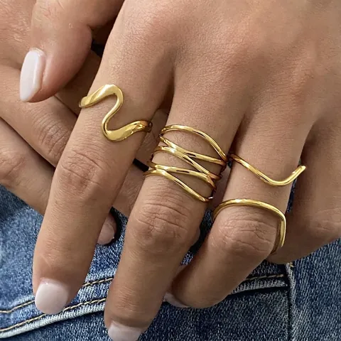 Edelstahl Ringe Für Frauen Vergoldet Minimalistische Geometrische Welle Lagiges Design Verstellbare Offene Fingerschmuck