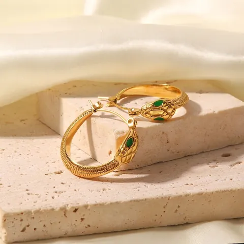 Stainless Steel Snake Hoop Earrings With Green Rhinestone Eyes Gold Plated Scale Texture Animal Design Jewelry For Women