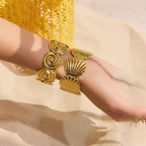 Bracciale Rigido Conchiglia Acciaio Inossidabile Texture Vortice Impermeabile Ipoallergenico Gioielli Spiaggia Boho Per Donne