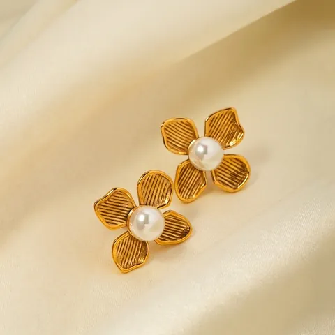 Vintage Orecchini a Bottone a Fiore in Acciaio Inossidabile Con Perla Artificiale Oro Elegante Gioielli Donna Accessorio