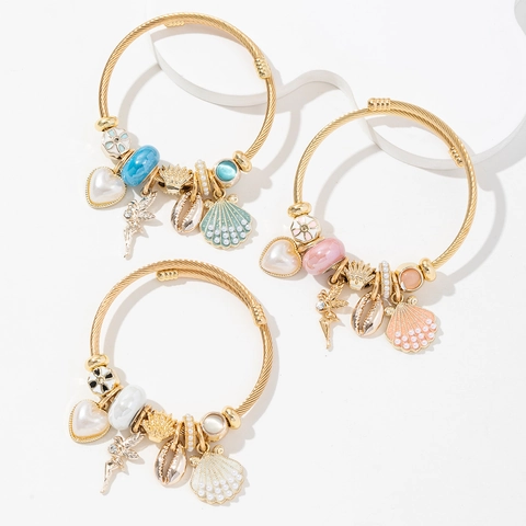 Brazalete De Acero Inoxidable Con Dijes De Ángel Corazón Concha Perla Artificial Alambre Trenzado Ajustable Para Mujer