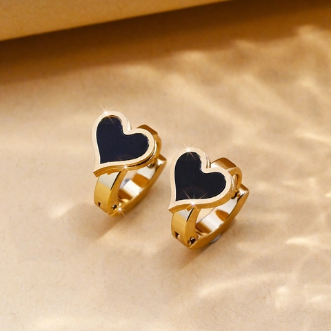 Minimalist Stainless Steel Double Layer Heart Hoop Earrings For Women Gold Plated Black Enamel Heart Huggie Earrings Jewelry