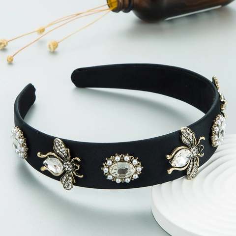 Barock Vintage Gepolsterter Haarreif Für Damen Metall Biene Glas Strass Kunstperle Breites Satin Haarband Party Haarschmuck