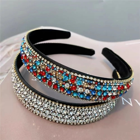 Luxury Rhinestone Encrusted Wide Brim Headband For Women French Vintage Sparkling Crystal Hair Hoop Fashion Hair Accessories For Wedding Party