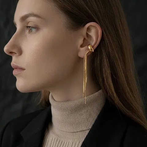 Langer Quasten Ohrklemme Edelstahl Ohne Piercing Wrap Around Ohrringe Eleganter Minimalistischer Schmuck Für Frauen