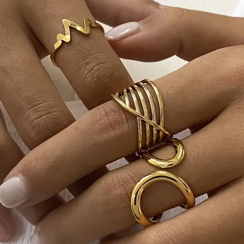 Bagues Géométriques En Acier Inoxydable Plaqué Or 18K Minimaliste Ajustable Vague De Battement De Coeur Pour Femmes