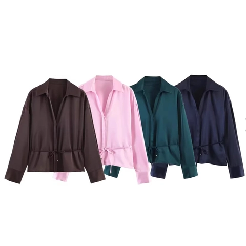 Satin Long Sleeve Blouse Women Solid Color Lapel V-Neck Shirt With Waist Tie Belt Elegant Office Wear Top