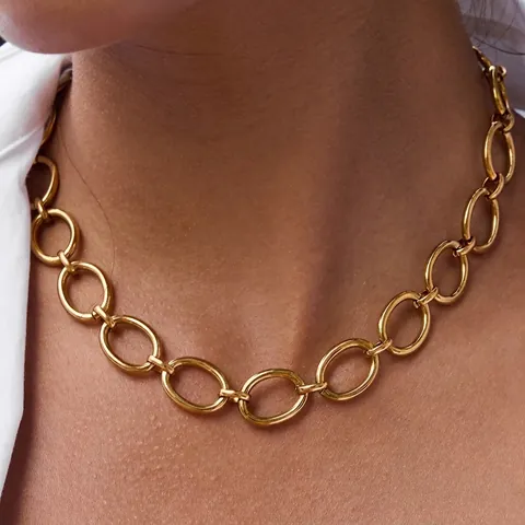 Geometric Oval Link Chain Necklace Gold Plated Stainless Steel Minimalist Waterproof Toggle Clasp For Women