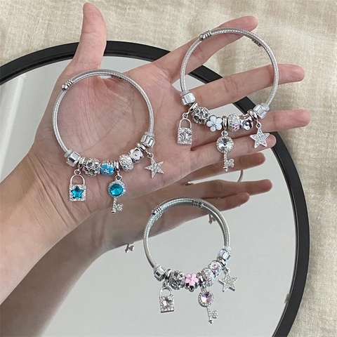 Stainless Steel Star Key Charm Bracelet For Women Gold Silver Plated Zirconia Rhinestone Flower Lock Pendant Jewelry