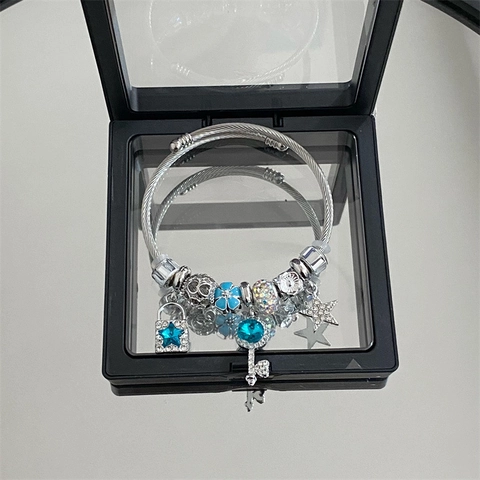 Stainless Steel Star Key Charm Bracelet For Women Gold Silver Plated Zirconia Rhinestone Flower Lock Pendant Jewelry