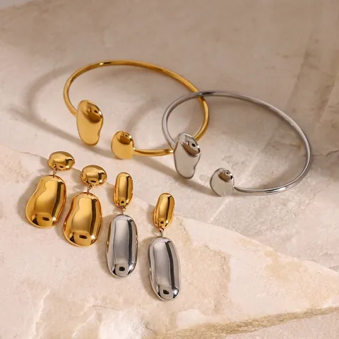 Edelstahl Schmuck Mit Organischen Tropfenformen Verstellbares Offenes Armreif Und Ohrstecker Hypoallergen Und Wasserdicht