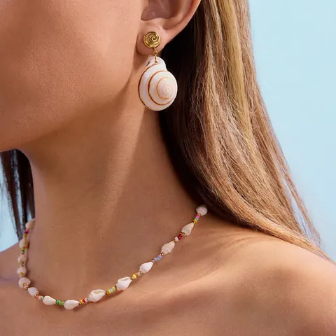 Conch Shell Drop Earrings Stainless Steel Natural Sea Shell Gold Plated Bohemian Beach Vacation Style Women