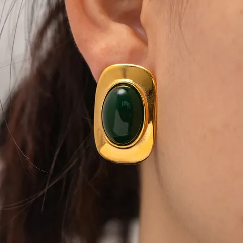 Vintage 18 Karat Vergoldete Edelstahl Oval Ohrringe Für Damen Hochwertige Dunkelgrüne Künstliche Edelstein Retro Schmuck