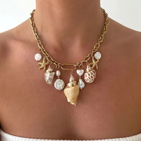 Collana Con Ciondoli Stella Marina E Conchiglia Acciaio Inossidabile Perla Artificial Barocca Gioielli Stile Marino Vacanze Donna